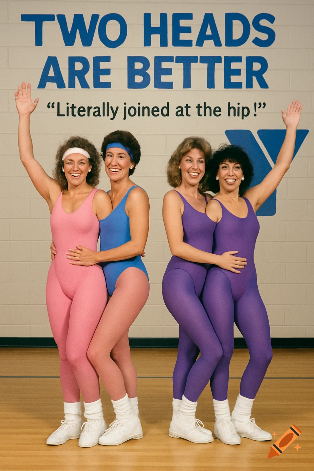 A 1980s-style photo shows two pairs of women in leotards, appearing to be conjoined, under text 'TWO HEADS ARE BETTER'.