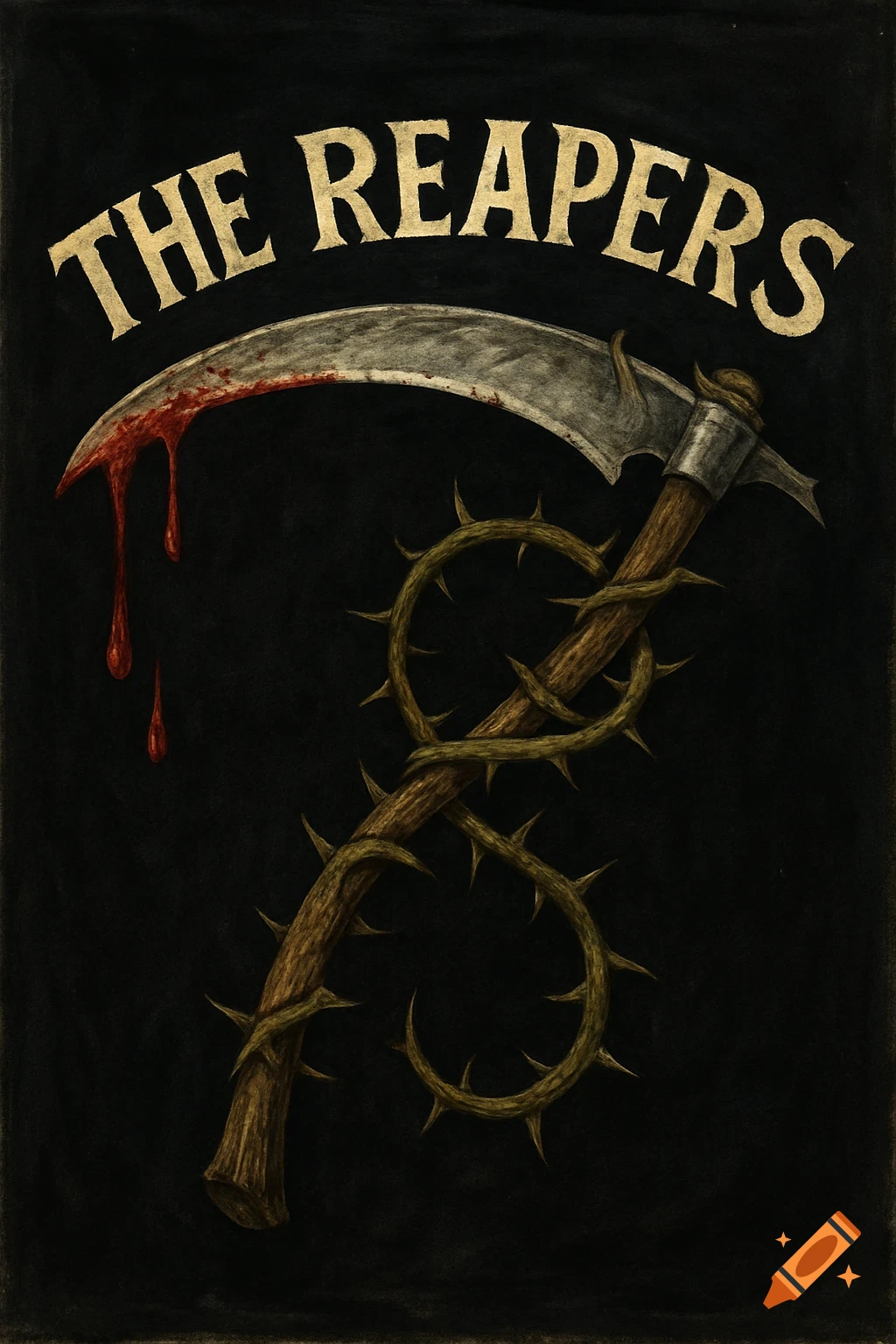 A stylized illustration of a scythe with blood dripping from its blade and thorns wrapped around its handle, against a black background. The text "THE REAPERS" is written above.