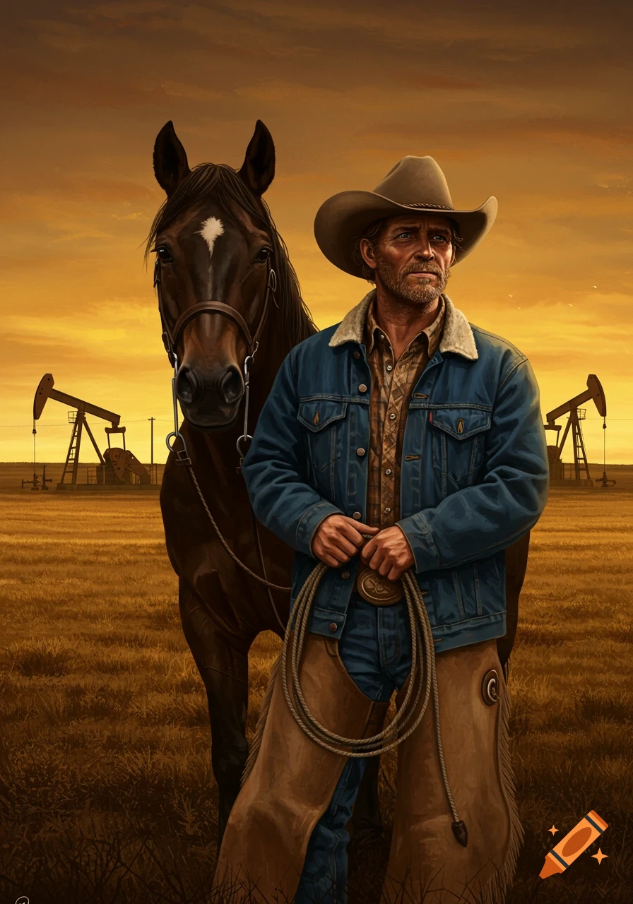 A rugged cowboy stands next to a horse in a field with oil pumpjacks under a golden sunset.