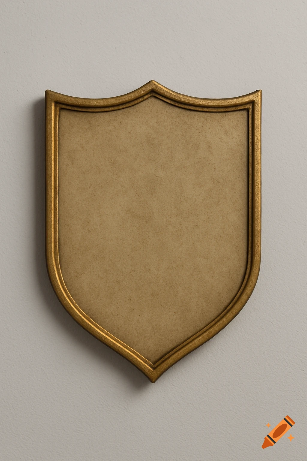 A close-up of a blank, golden, heraldic shield with a concave top and pointed base, against a plain light gray wall.