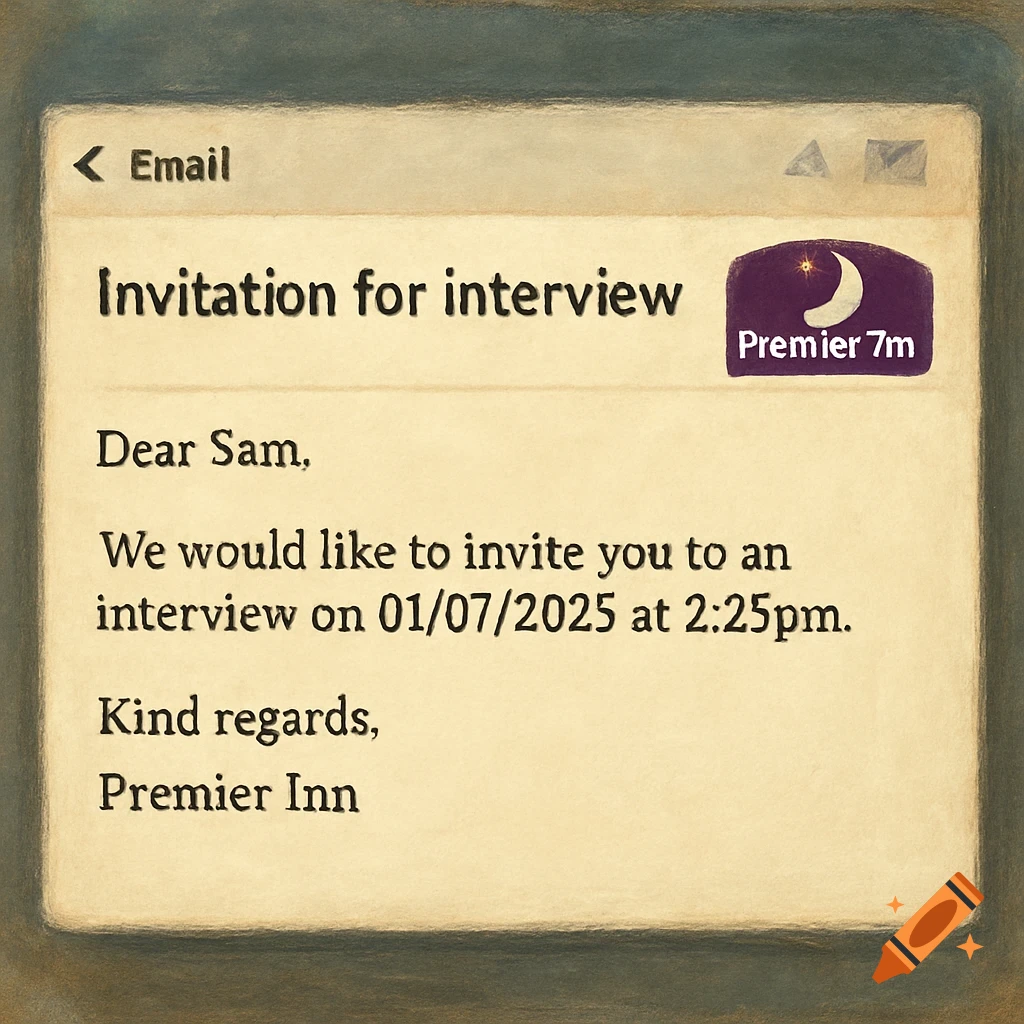 An email on a screen, inviting Sam to an interview on 01/07/2025 at 2:25 PM from Premier Inn.
