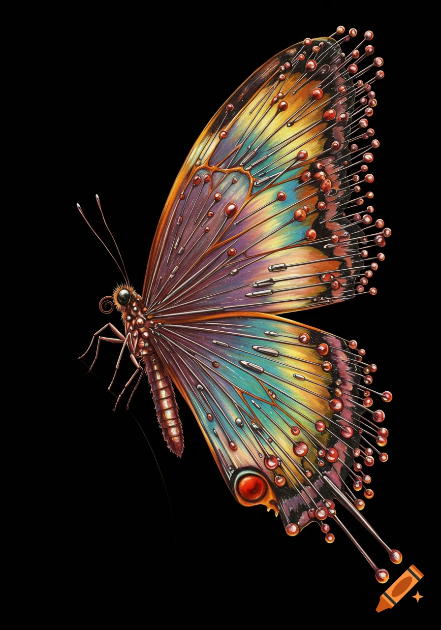 A colorful butterfly with iridescent wings, detailed with needle-like structures and small spheres, on a black background.