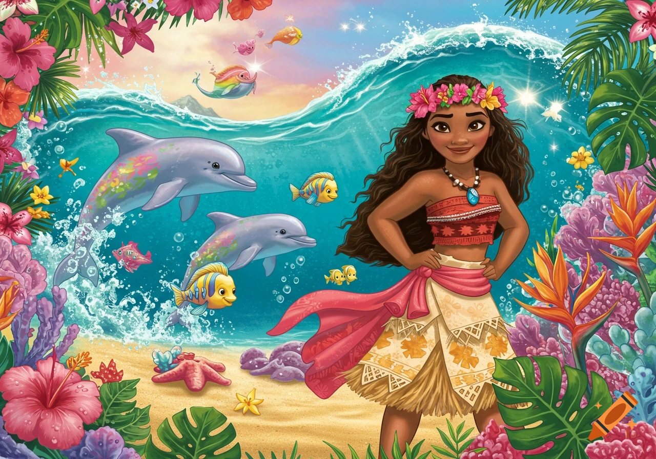 Moana stands smiling on a vibrant tropical beach with dolphins, fish, and colorful flowers, in a cartoon style.