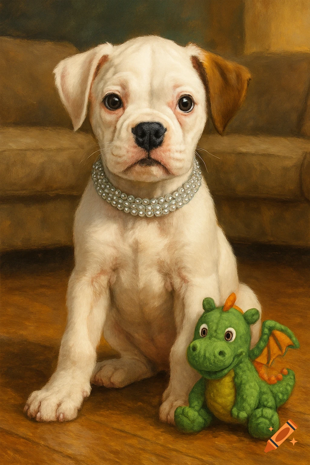 A white Boxer puppy wearing a pearl necklace sits next to a green dragon toy on a wooden floor, painted in a realistic style.