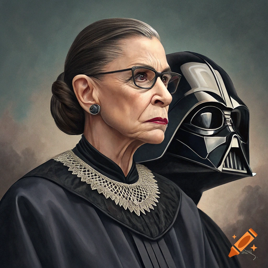 A highly detailed portrait of Ruth Bader Ginsburg in a black robe and white lace collar, with a Darth Vader helmet behind her.