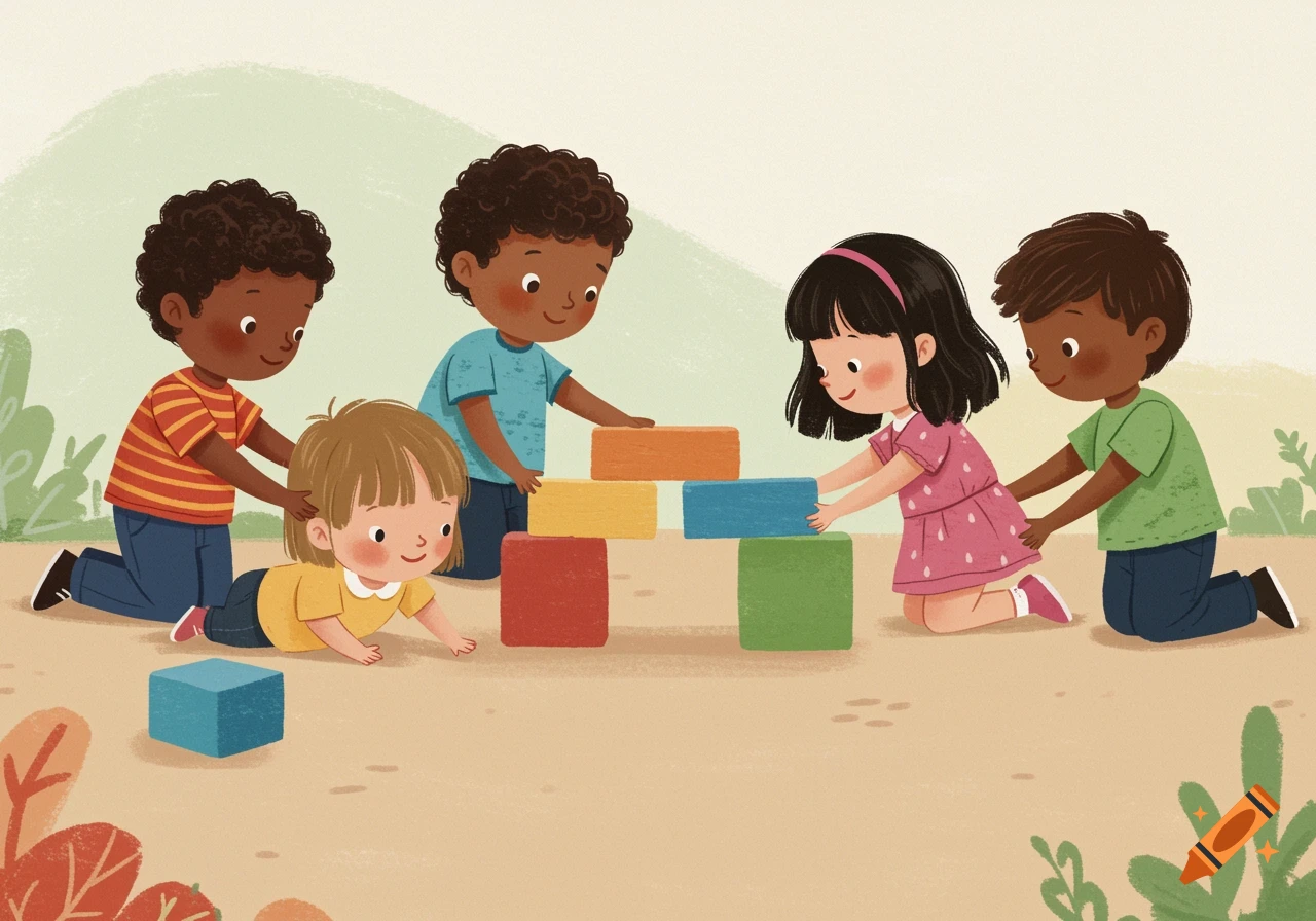 Four diverse children playing with colorful building blocks, building a structure outdoors in a cheerful illustration.