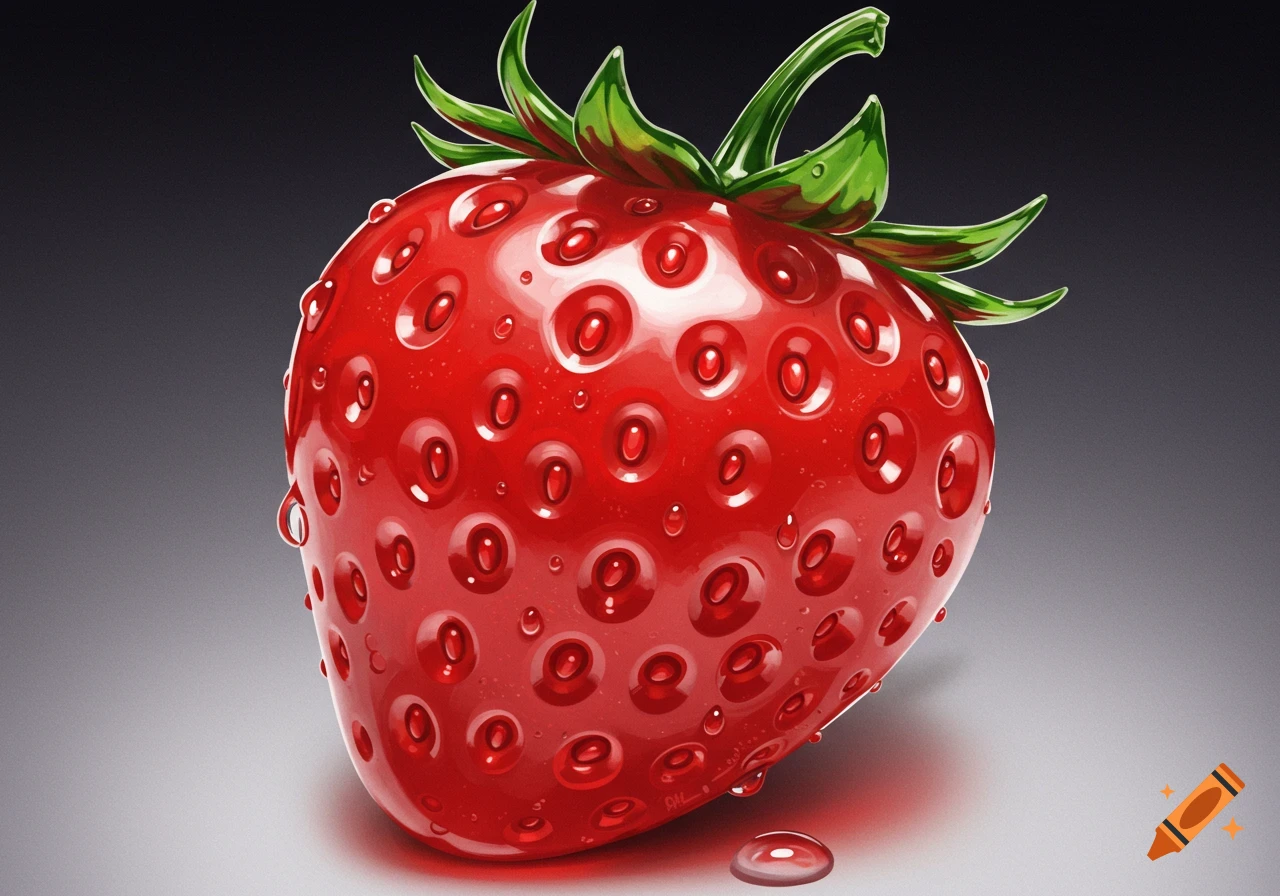 A shiny red glass strawberry covered in water droplets on a gradient background.