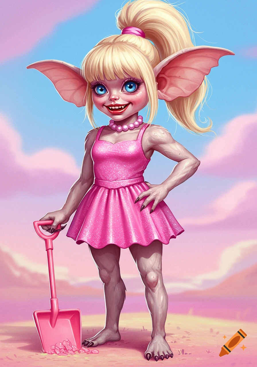 A blonde, blue-eyed gremlin-like monster in a sparkly pink dress holds a pink shovel.
