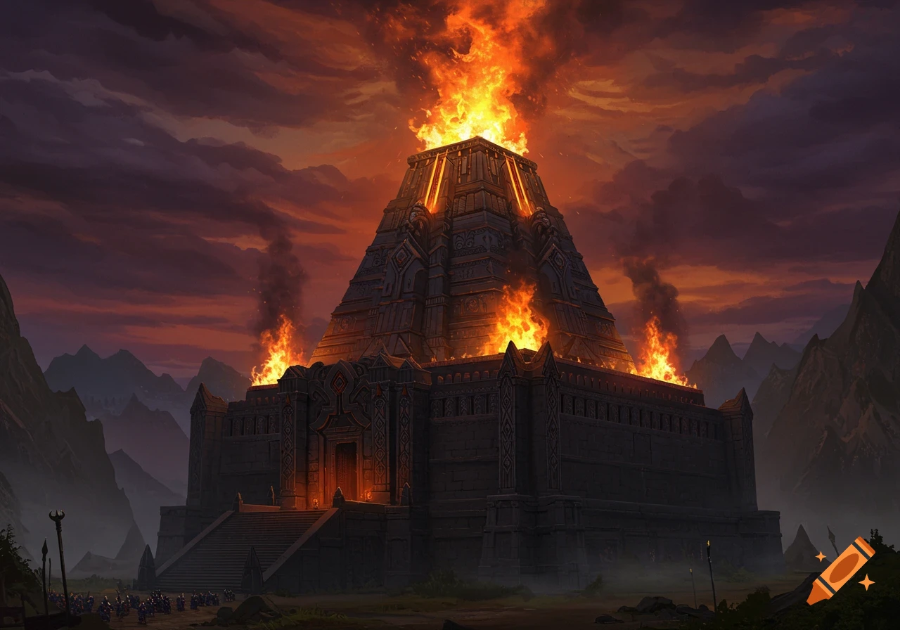 A grand, dark stone temple, resembling a pyramid, engulfed in large orange flames against a dramatic fiery sunset sky with mountains.