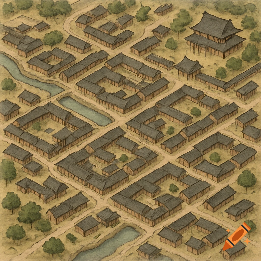 Overhead isometric map of a traditional Japanese town with many buildings, roads, and small rivers, in a hand-drawn style.