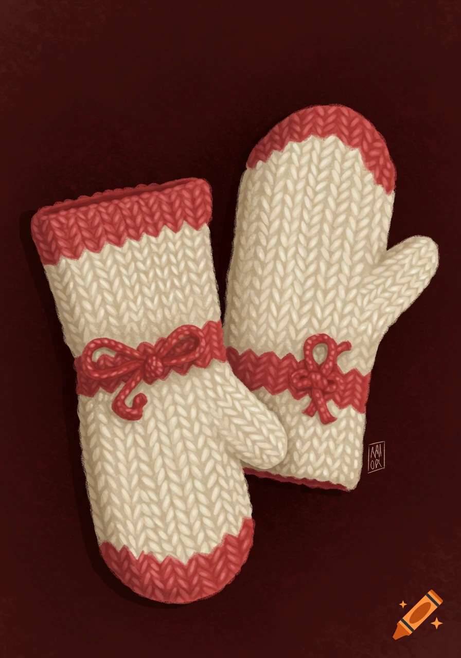 A pair of white knitted mittens with red cuffs and red bows on a dark red background, in an illustrative style.