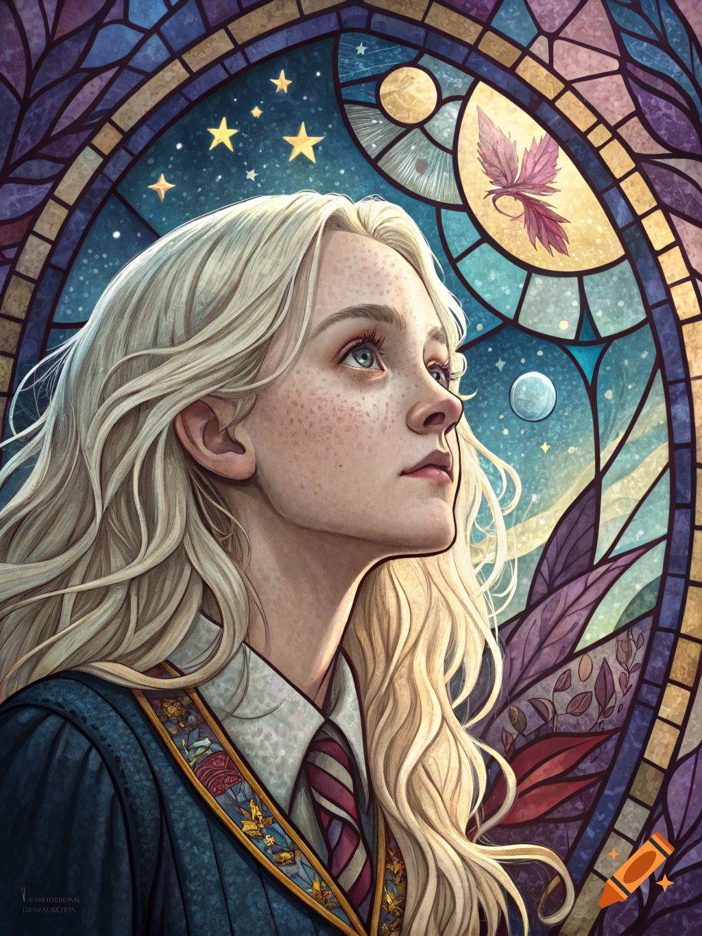 Stained glass portrait of Luna Lovegood with long blonde hair looking up at a starry sky.