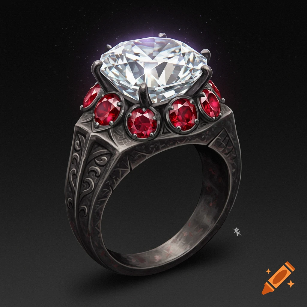 A dark metal ring with a large clear diamond surrounded by red rubies and ornate carvings.