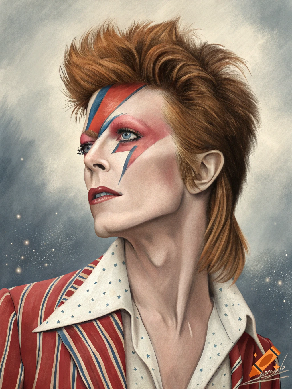 Stylized portrait of David Bowie as Ziggy Stardust with lightning bolt makeup and a striped suit, looking to the left.