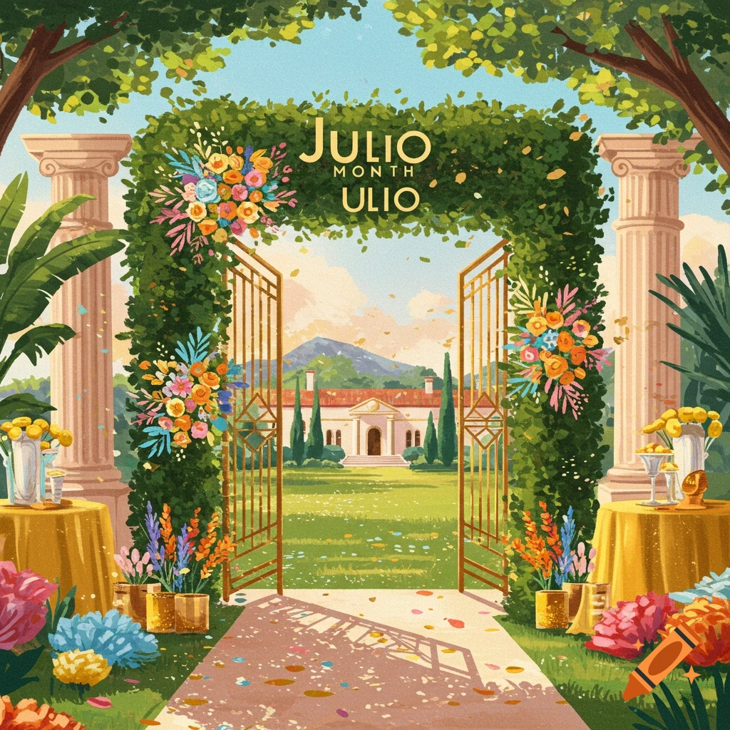 Vibrant illustration of a garden gate with flowers and text 'JULIO MONTH ULIO' leading to a grand villa on a sunny day.