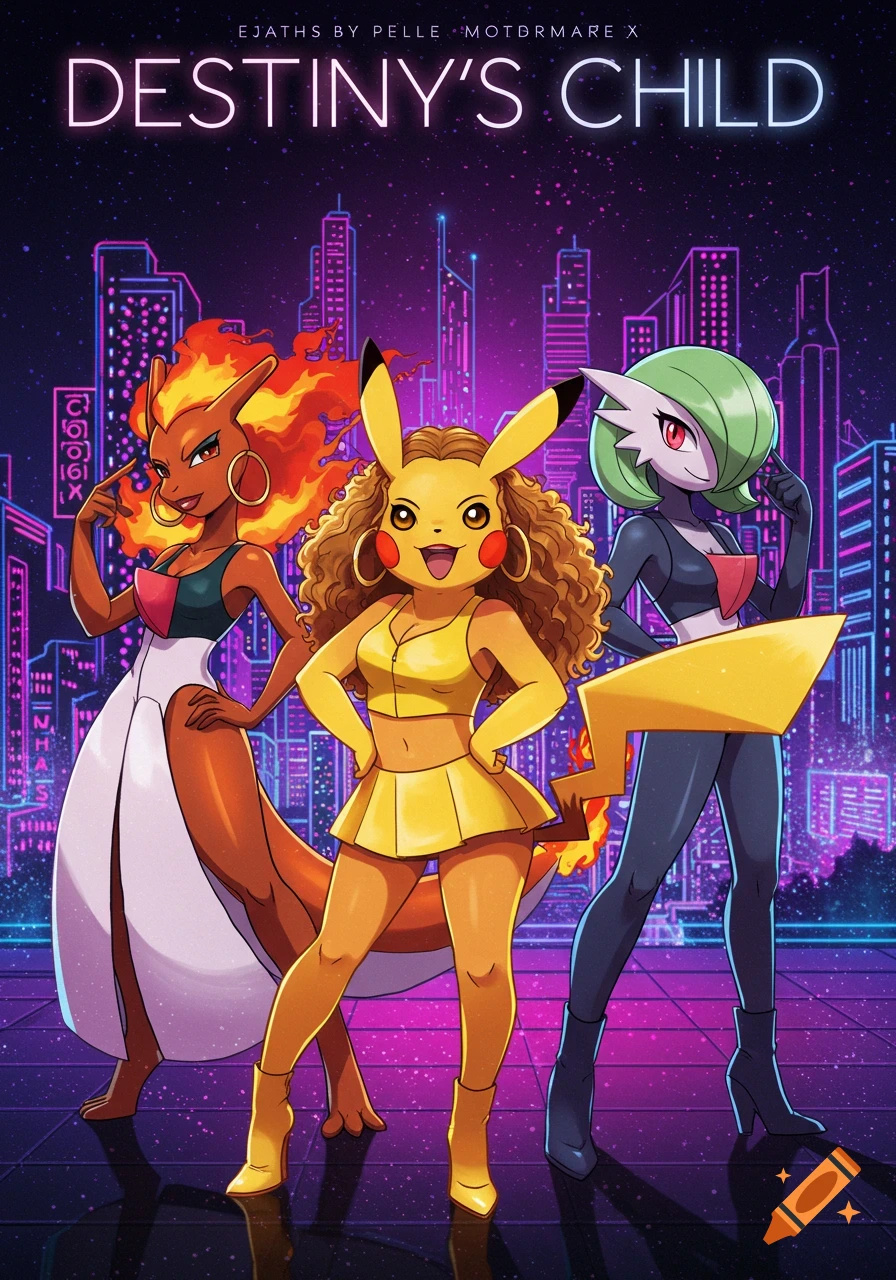 A poster-style image featuring three anthropomorphic Pokemon, Charizard, Pikachu, and Gardevoir, dressed in outfits reminiscent of Destiny's Child, standing against a futuristic city backdrop with neon lights and a starry sky.