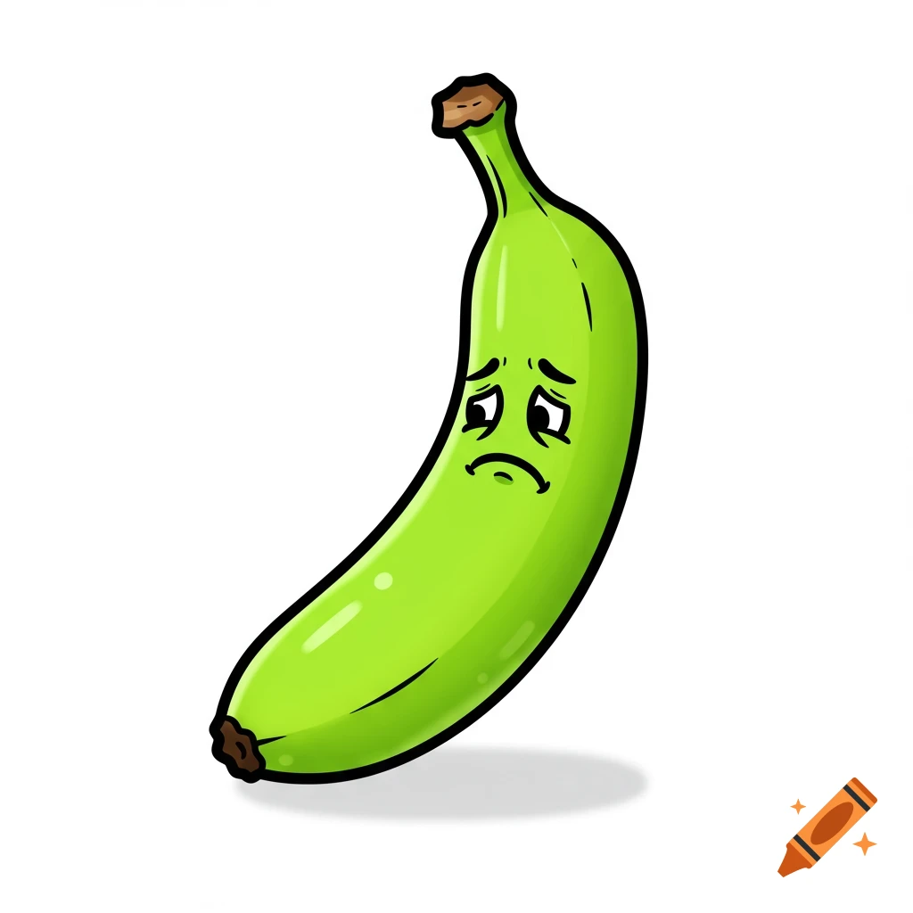 A cartoon green banana with a sad face and dark outline on a white background.