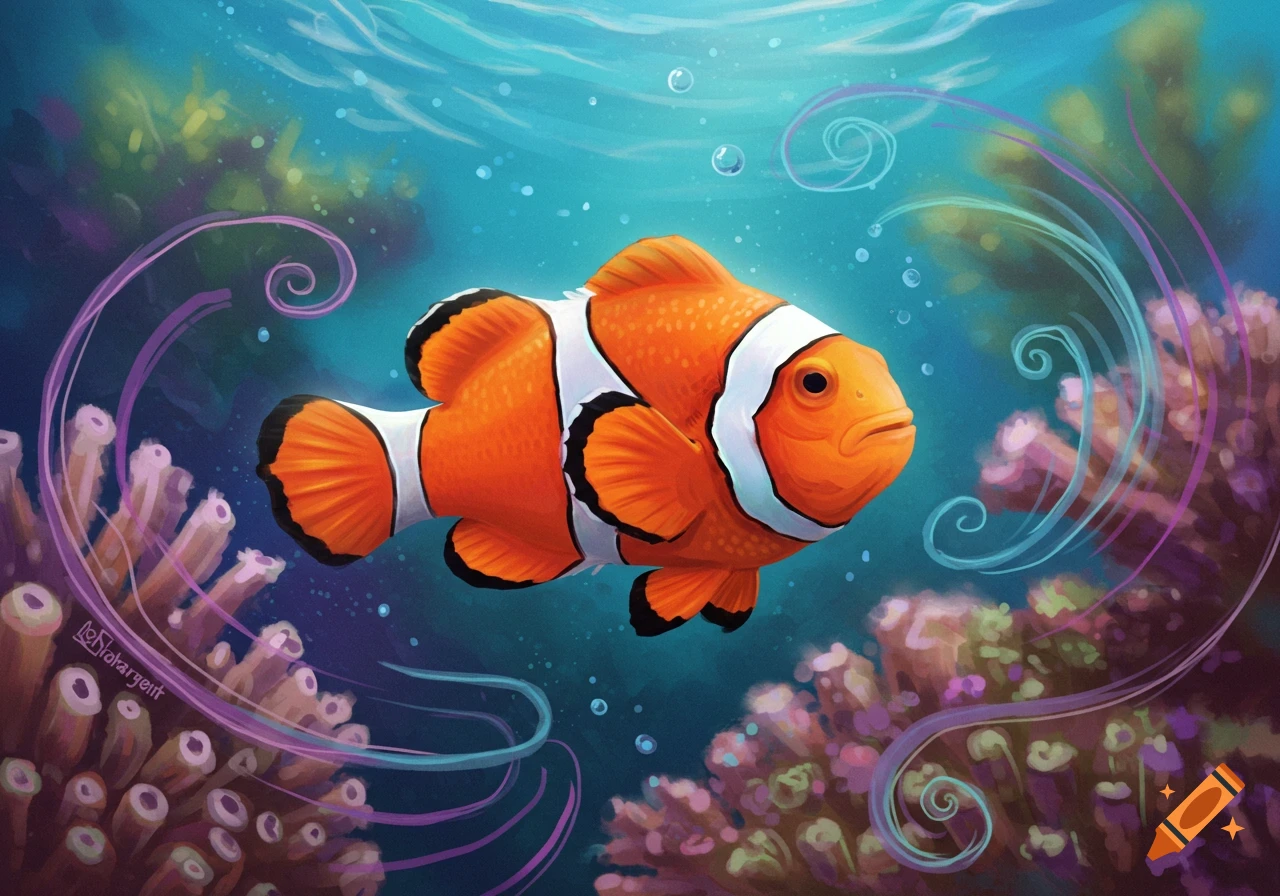 A vibrant illustration of a clownfish swimming in a colorful coral reef with bubbles.