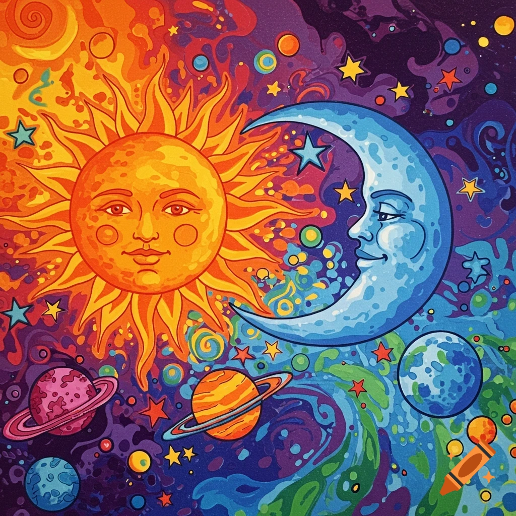 A vibrant, psychedelic illustration of a smiling sun and moon in a cosmic setting with planets and stars.