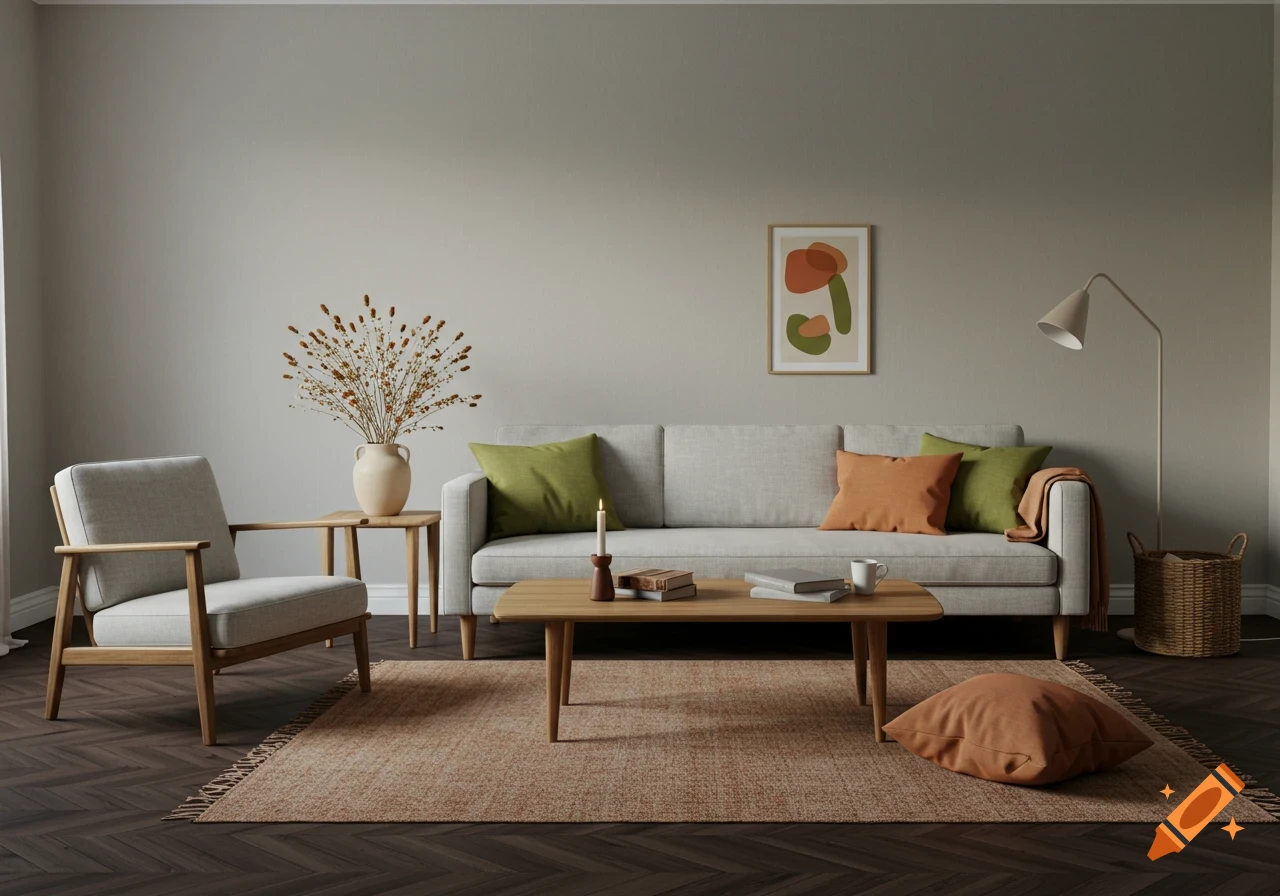 A photorealistic, minimalist living room with a light gray sofa, wooden furniture, an accent chair, and earthy-toned pillows and decor.