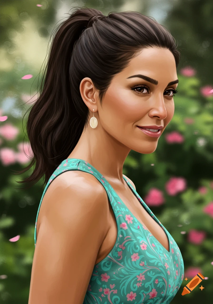 A smiling woman with dark hair in a ponytail and a turquoise floral top, looking over her shoulder in a blurred garden.