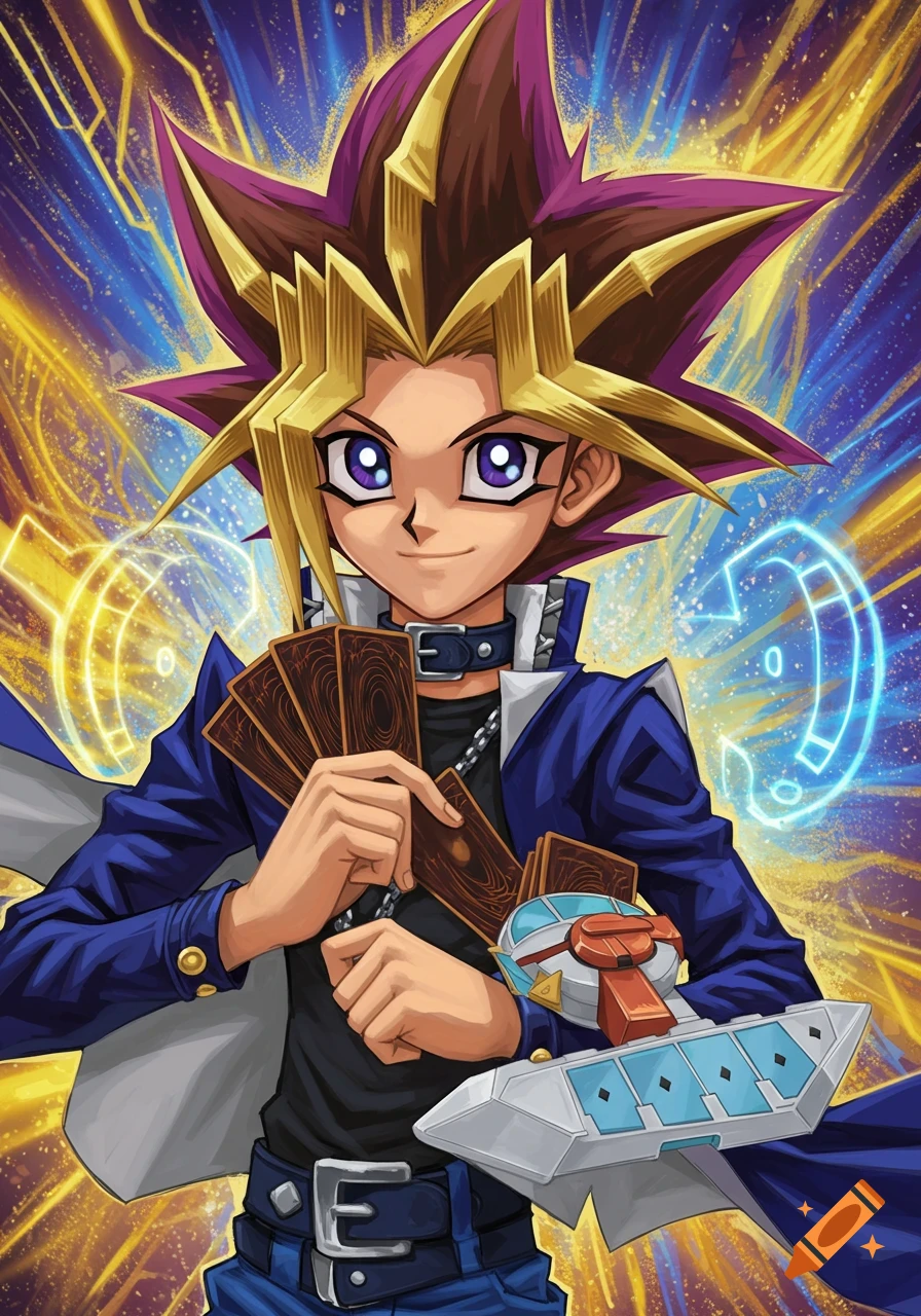 Anime illustration of Yugi Muto from Yu-Gi-Oh! holding cards with a duel disk on his arm, against a vibrant energy background.