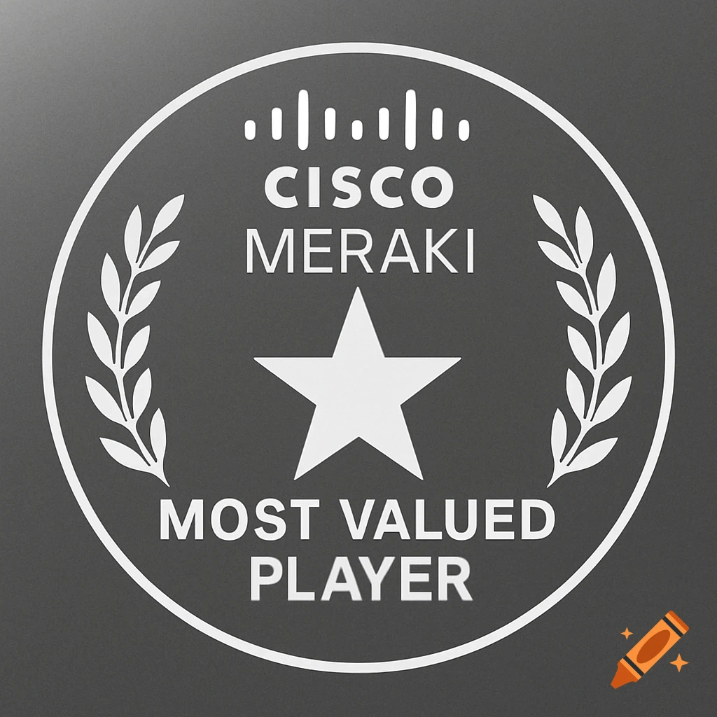 White Cisco Meraki Most Valued Player logo with a star and laurel branches on a dark grey background.