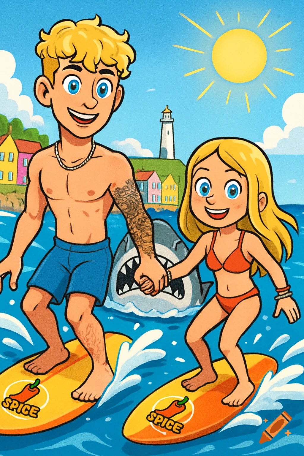 A cartoon boy and girl with blonde hair surf on yellow boards with "SPICE" logos, holding hands as a shark follows them. In the background are colorful seaside houses, a lighthouse, and a sunny blue sky.