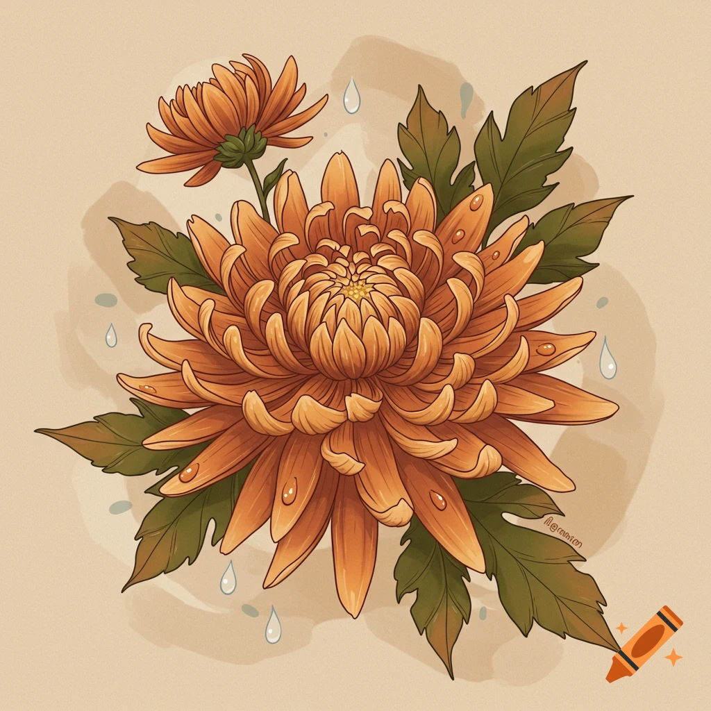 A detailed fine line illustration of a large orange chrysanthemum with green leaves and water droplets, accompanied by a smaller bloom above it, on a light background.