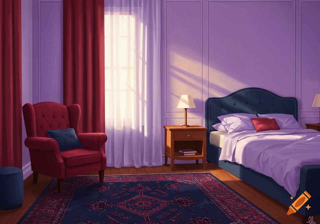 A lavender-walled bedroom with a dark blue bed, a red armchair, and a patterned rug, lit by sunlight streaming through sheer curtains.