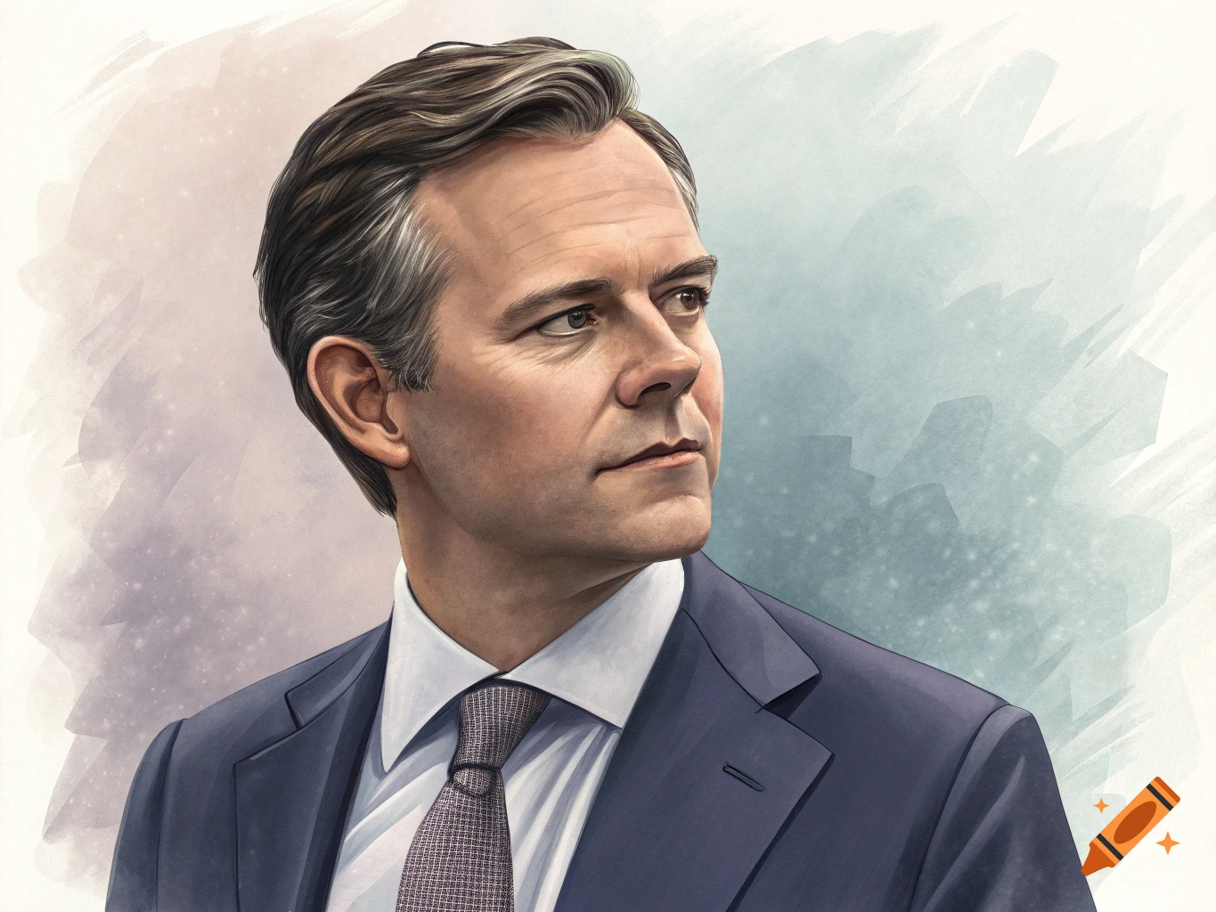 A well-dressed man with grey hair looking to the right in a watercolor portrait.