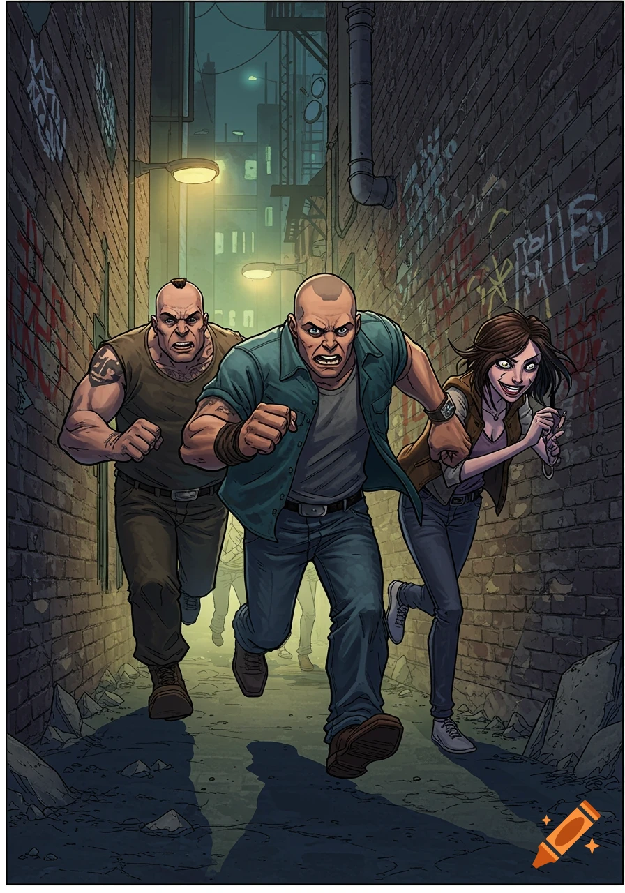 Three angry figures, two men and a woman, run through a dark, graffiti ...