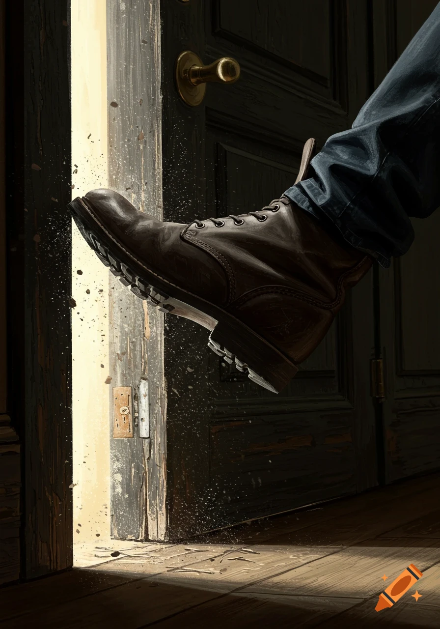 A person's brown boot forcefully kicks open a wooden door, causing splinters and dust to fly. Bright light shines from the opening.