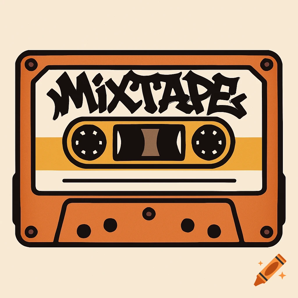 A flat vector illustration of an orange and yellow cassette tape with the word 'Mixtape' in graffiti style on its label.