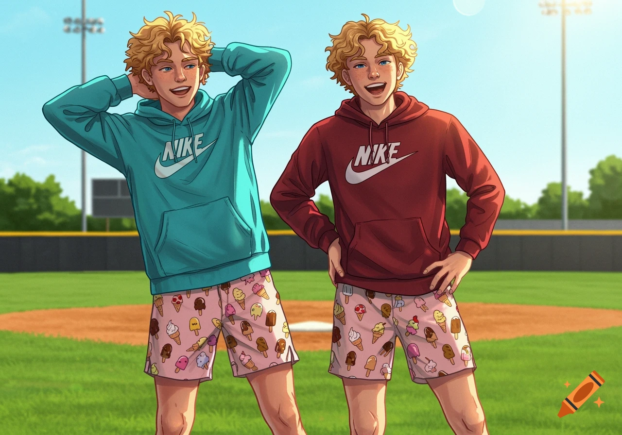 Two smiling blonde teenage boys in Nike hoodies and ice cream shorts stand on a baseball field in anime style.