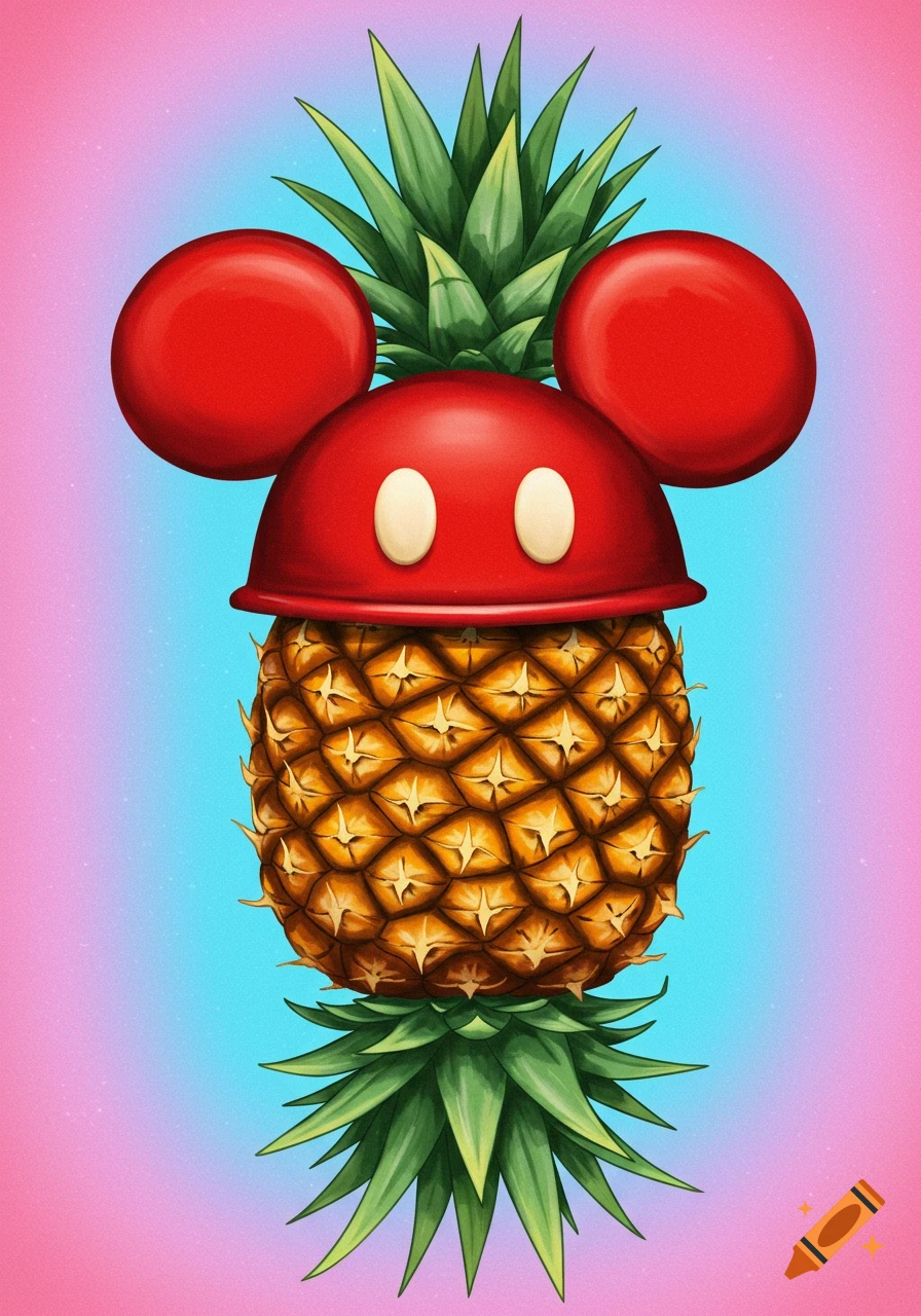 An upside-down pineapple wearing red Mickey Mouse ears on a vibrant pink and blue gradient background.