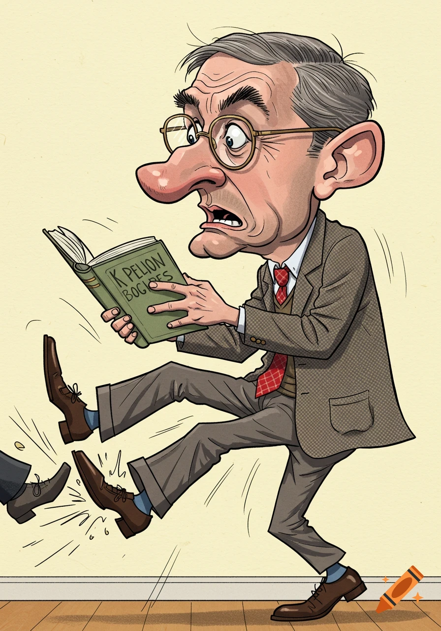 A surprised caricature man in glasses and a suit reads a book while being kicked from the side.