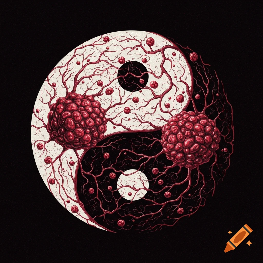 A stylized Yin-Yang symbol composed of red veins and tumor-like masses against a black background.