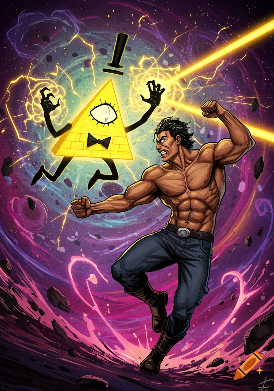 Bill Cipher, a yellow triangle, and a muscular man battle with energy blasts against a swirling cosmic background in a vibrant comic art style.