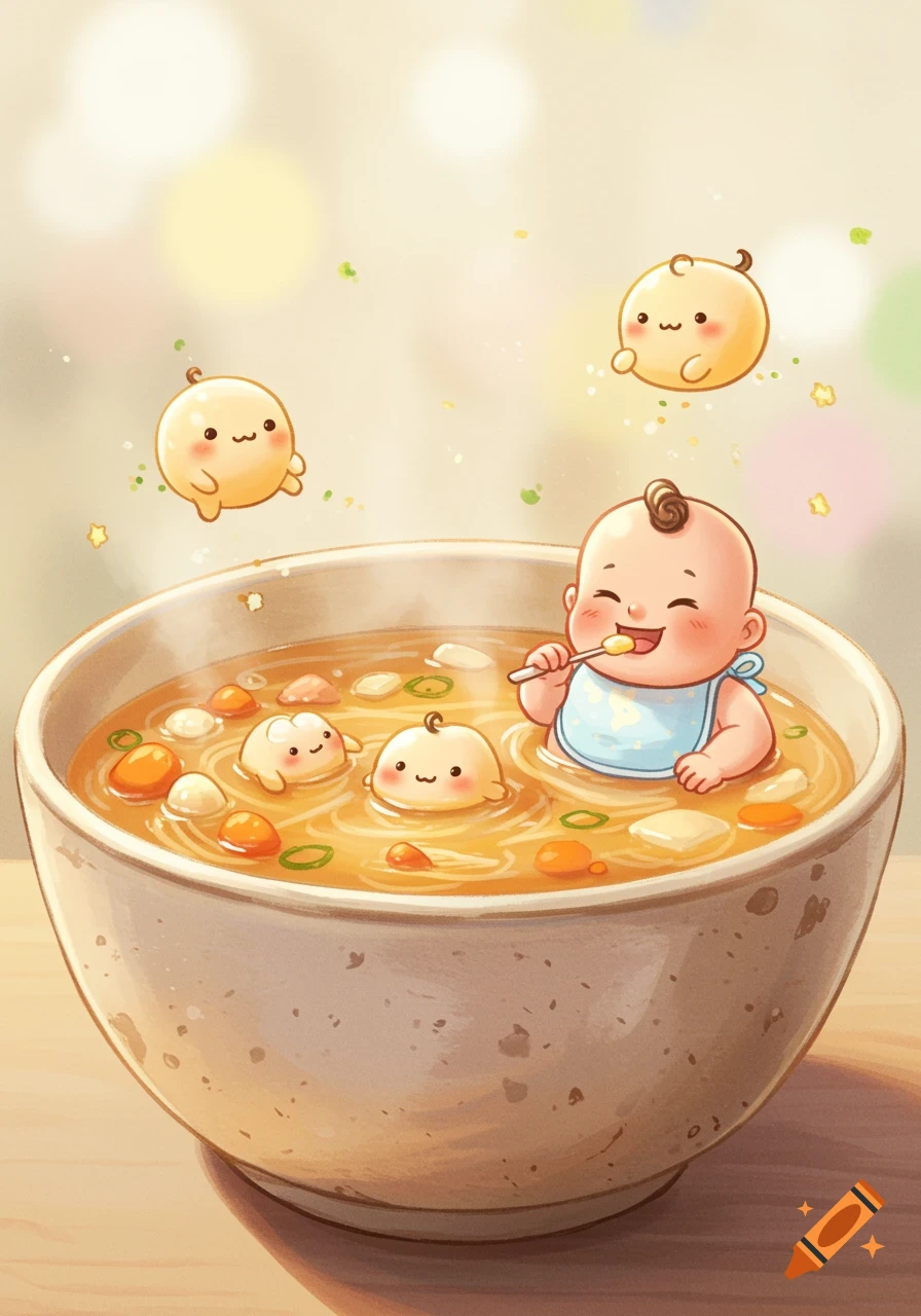 A cute cartoon baby wearing a bib happily sitting in a large bowl of soup with a spoon, surrounded by smaller blob-like characters.