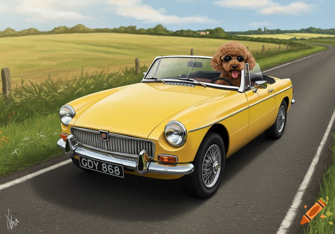 A cute brown miniature poodle in sunglasses drives a yellow 1979 MGB convertible on a country road, illustrated.