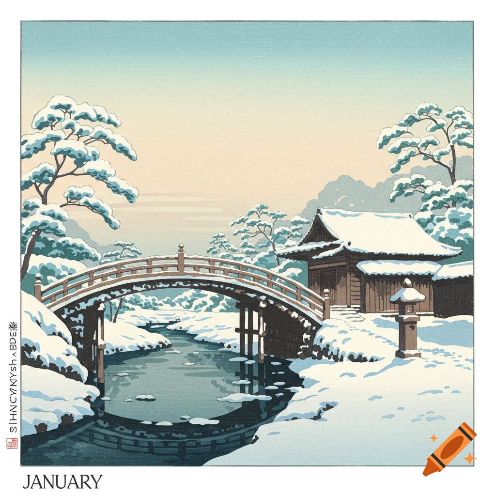 A Japanese woodblock print depicts a serene winter landscape with a snow-covered arched wooden bridge over a partially frozen river, traditional building, and snow-laden pine trees.