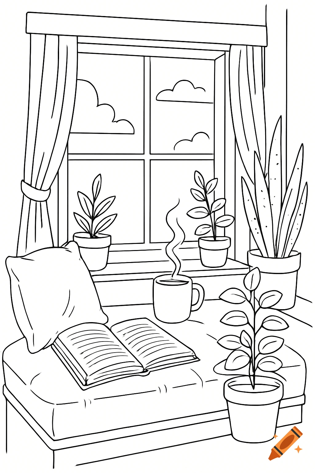 A black and white line art illustration of a cozy window nook with an open book, a steaming mug, and several potted plants.