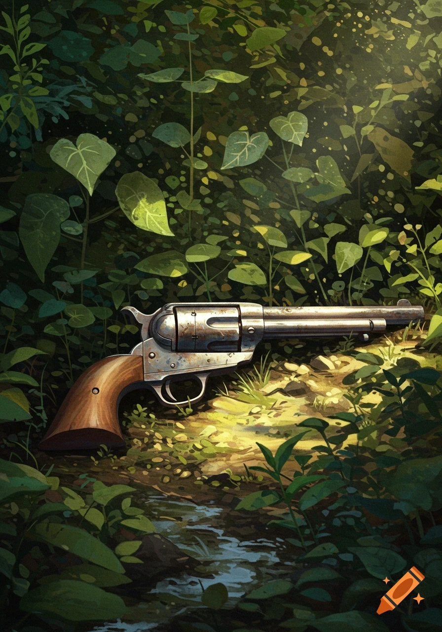 An old, weathered silver cowboy revolver lies on a sunlit patch of ground amidst dense green jungle foliage.