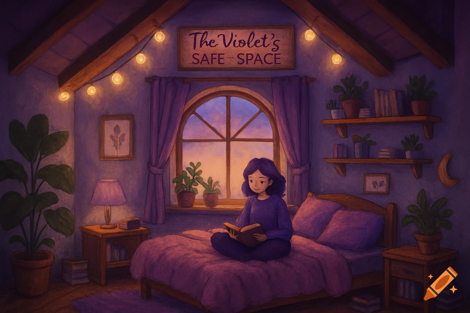Cozy purple attic room with string lights. A person reads on the bed by a window, a sign says 'The Violet's SAFE SPACE'.