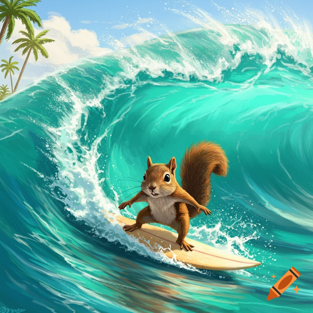 A cartoon squirrel surfs a large blue ocean wave with palm trees in the background.