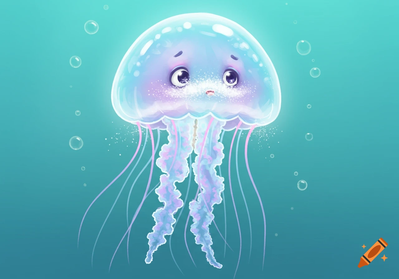 A sad-looking blue and purple cartoon jellyfish with sparkly white dots on its face floats in blue water with bubbles.