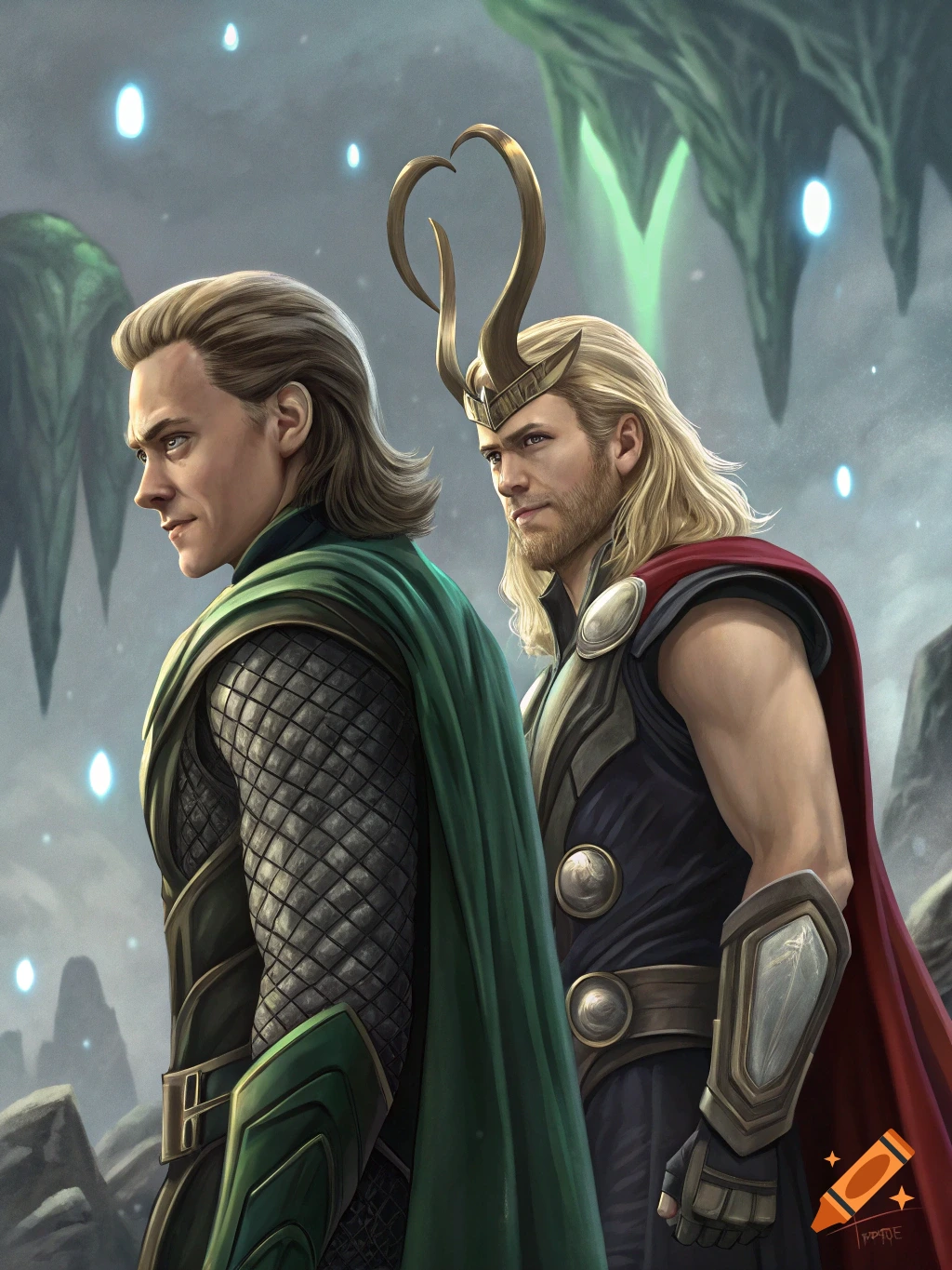 An artwork of Loki in green and Thor in red capes, both with long blonde hair, standing in a mystical environment with glowing elements.