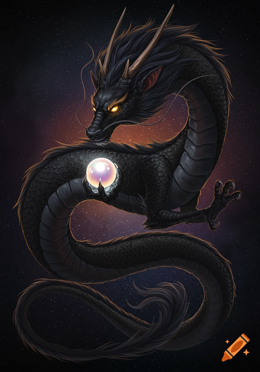 A majestic black Chinese dragon with glowing eyes holds a luminous pearl against a starry, cosmic background.