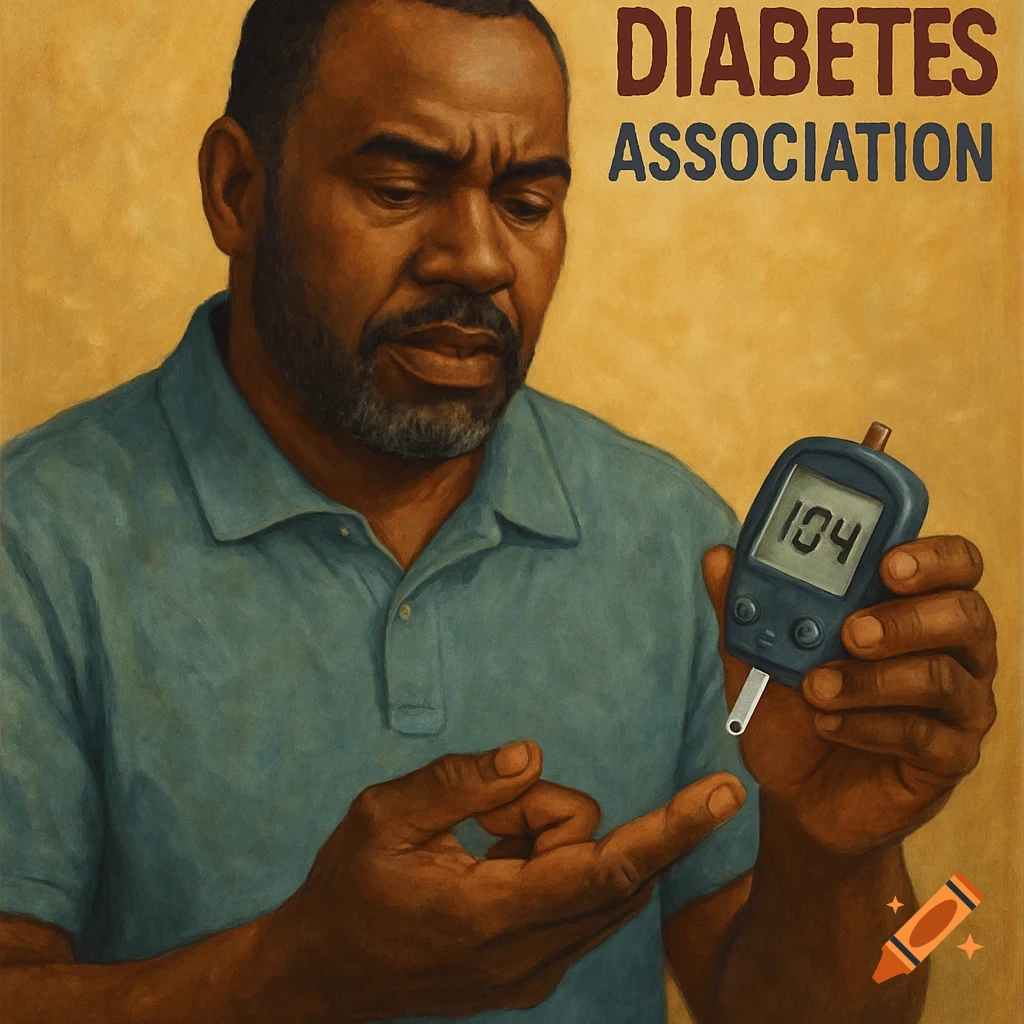 A painting of a Black man looking concerned while holding a blood glucose meter, with "DIABETES ASSOCIATION" text above.